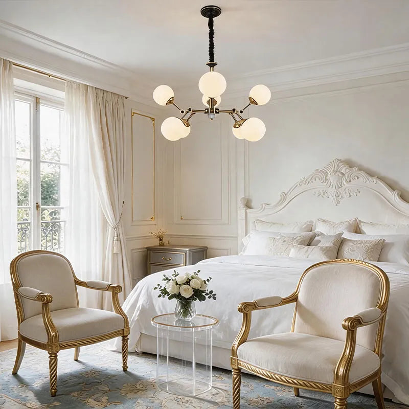 Bubble lighting chandeliers installed in a bedroom with soft globe lights and contemporary style.
