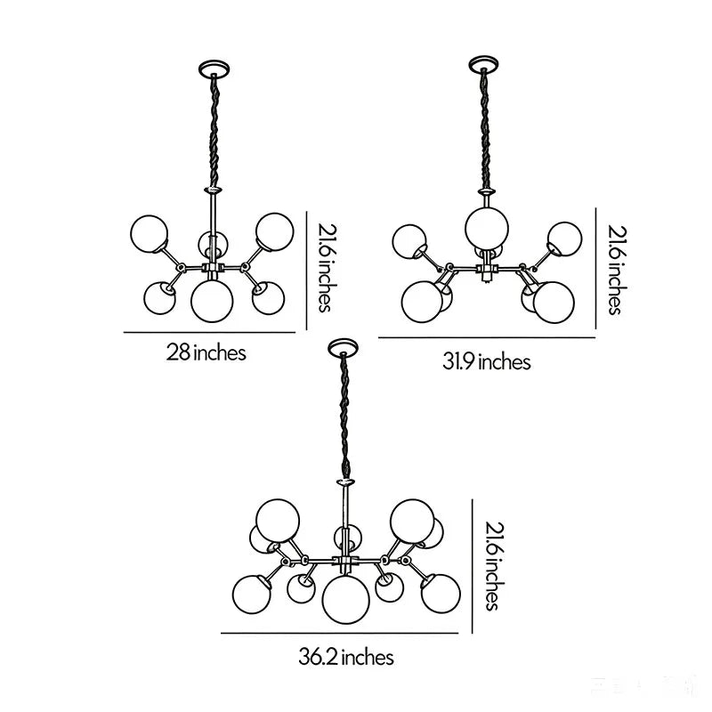 Bubble lighting chandeliers dimensions drawing showing fixture width, height, and size options.