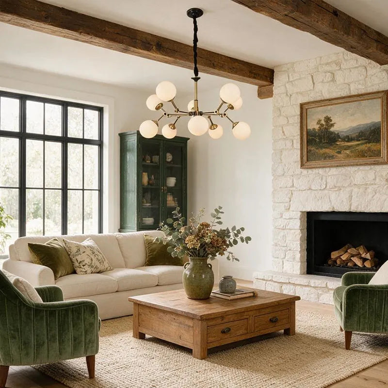 Bubble lighting chandeliers featured in a cozy living room with elegant glass ball shades.