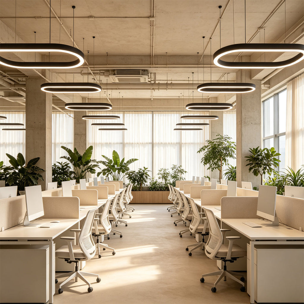 Contemporary oval chandelier lighting design for a spacious coworking office interior.