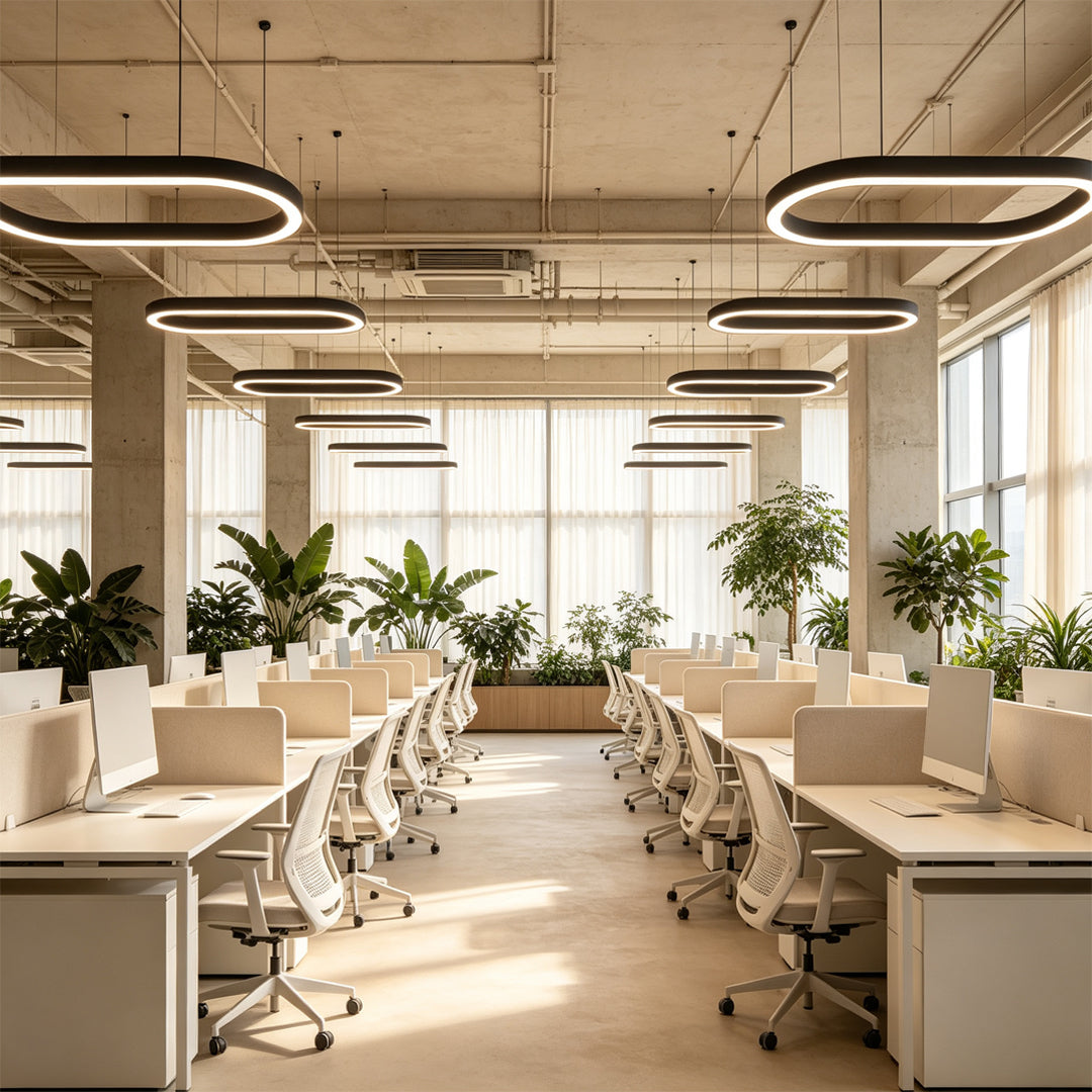 Contemporary oval chandelier lighting design for a spacious coworking office interior.