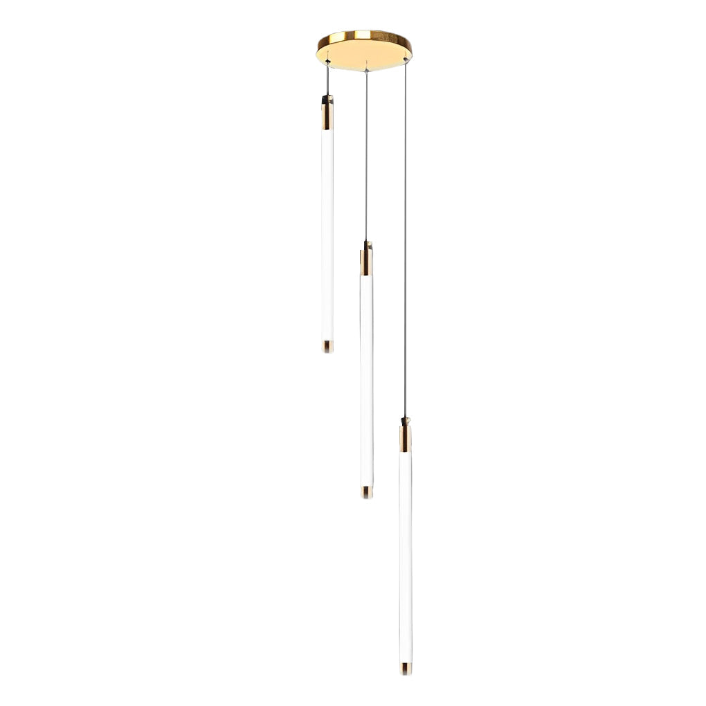 Contemporary staircase chandelier with black and gold pendant lights, enhancing a stylish interior.