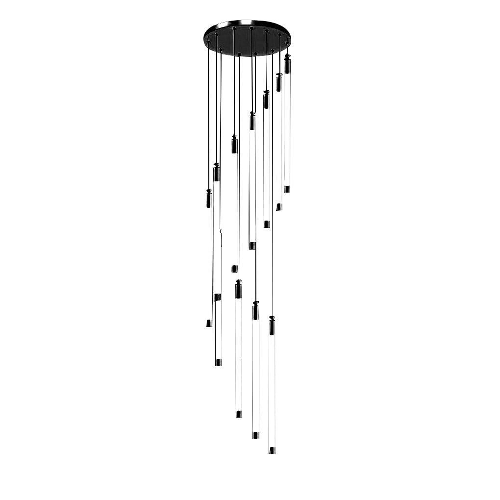 Contemporary staircase chandelier with black pendant lights, creating a modern aesthetic.