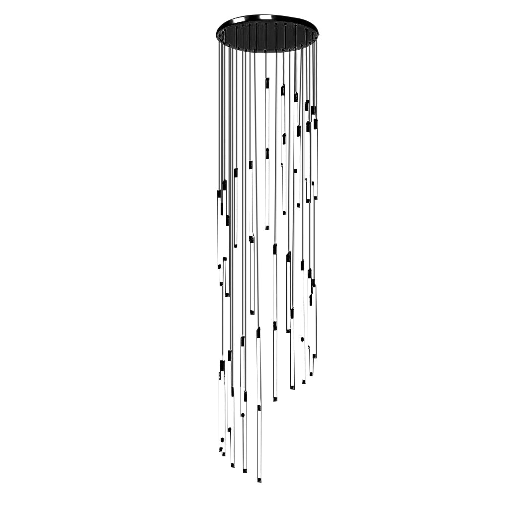 Contemporary staircase chandelier with black pendant lights, showcasing a sleek and modern design.