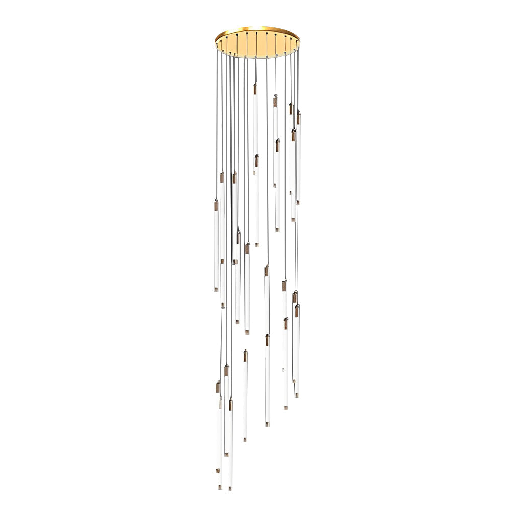 Contemporary staircase chandelier with cascading lights, illuminating a staircase with wooden steps.