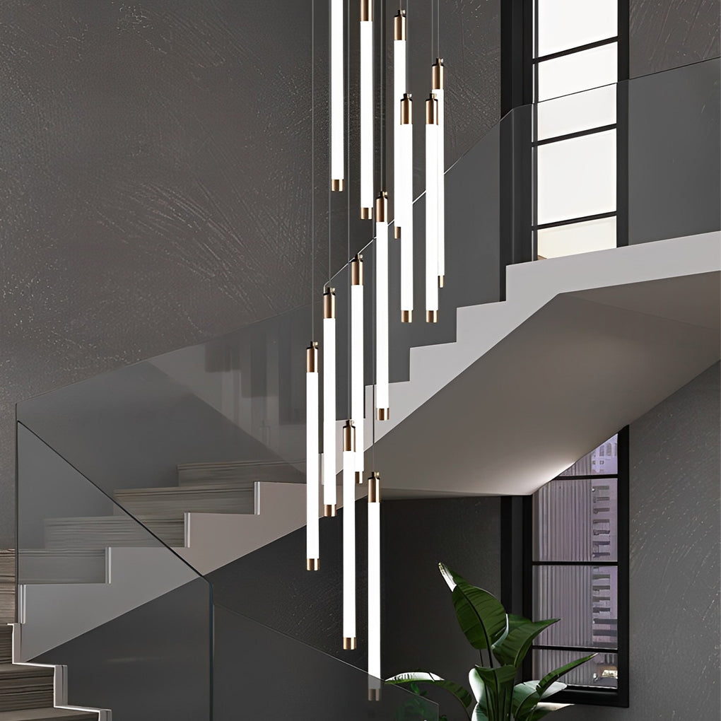 Contemporary staircase chandelier with gold accents, adding luxury to a modern staircase.