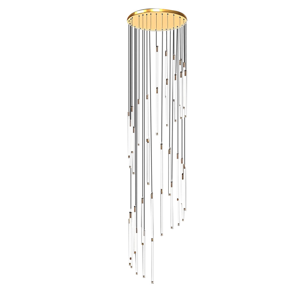 Contemporary staircase chandelier with gold pendant lights, adding a touch of glamour.