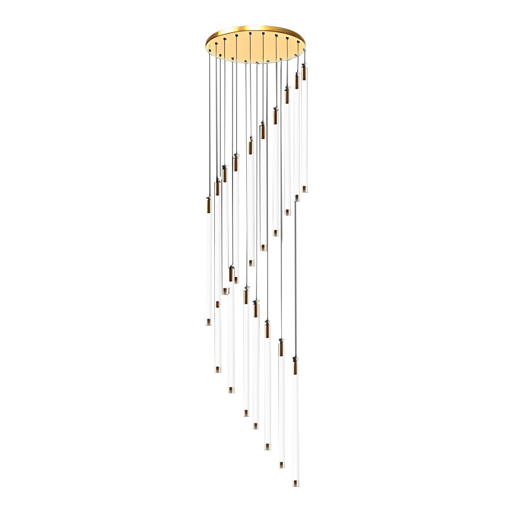 Contemporary staircase chandelier with thin, vertical lights, mounted above a modern staircase.