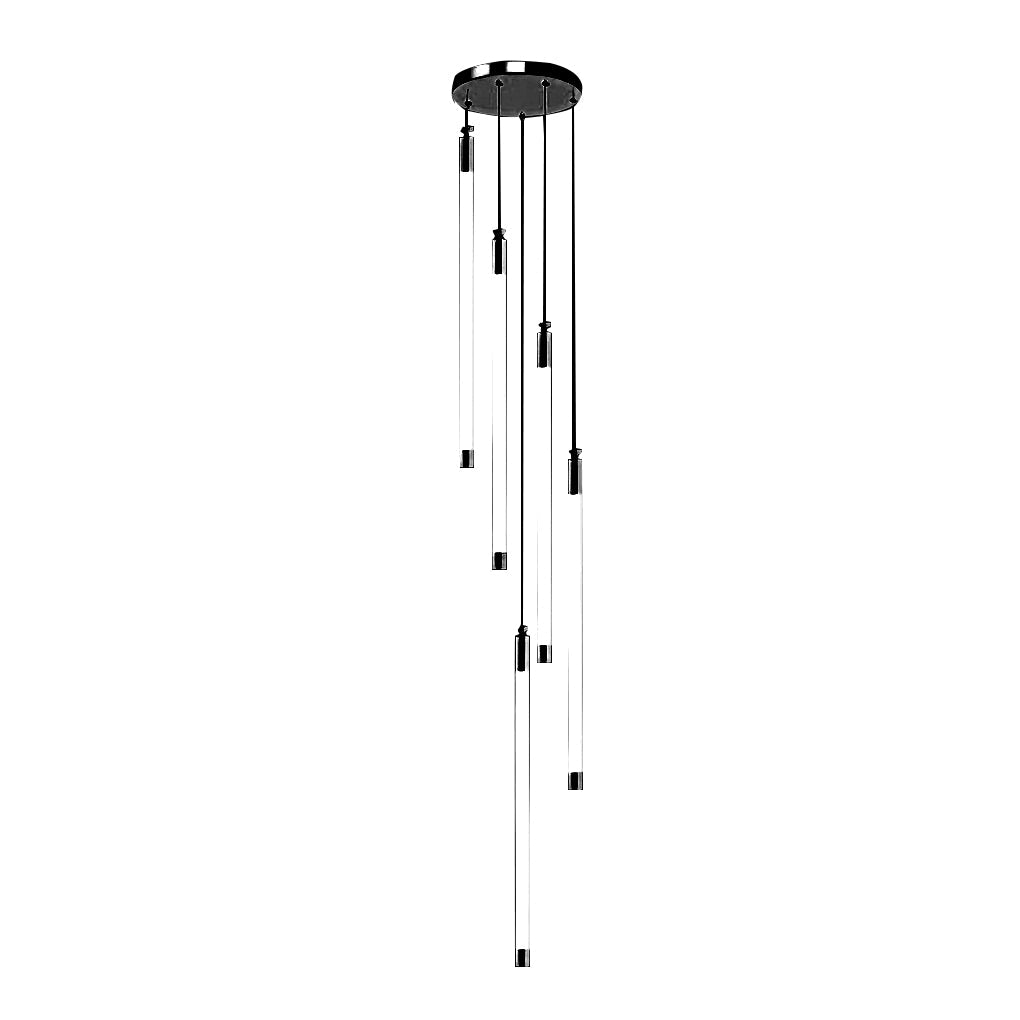 Contemporary staircase chandelier with vertical lights, enhancing a modern staircase's design.