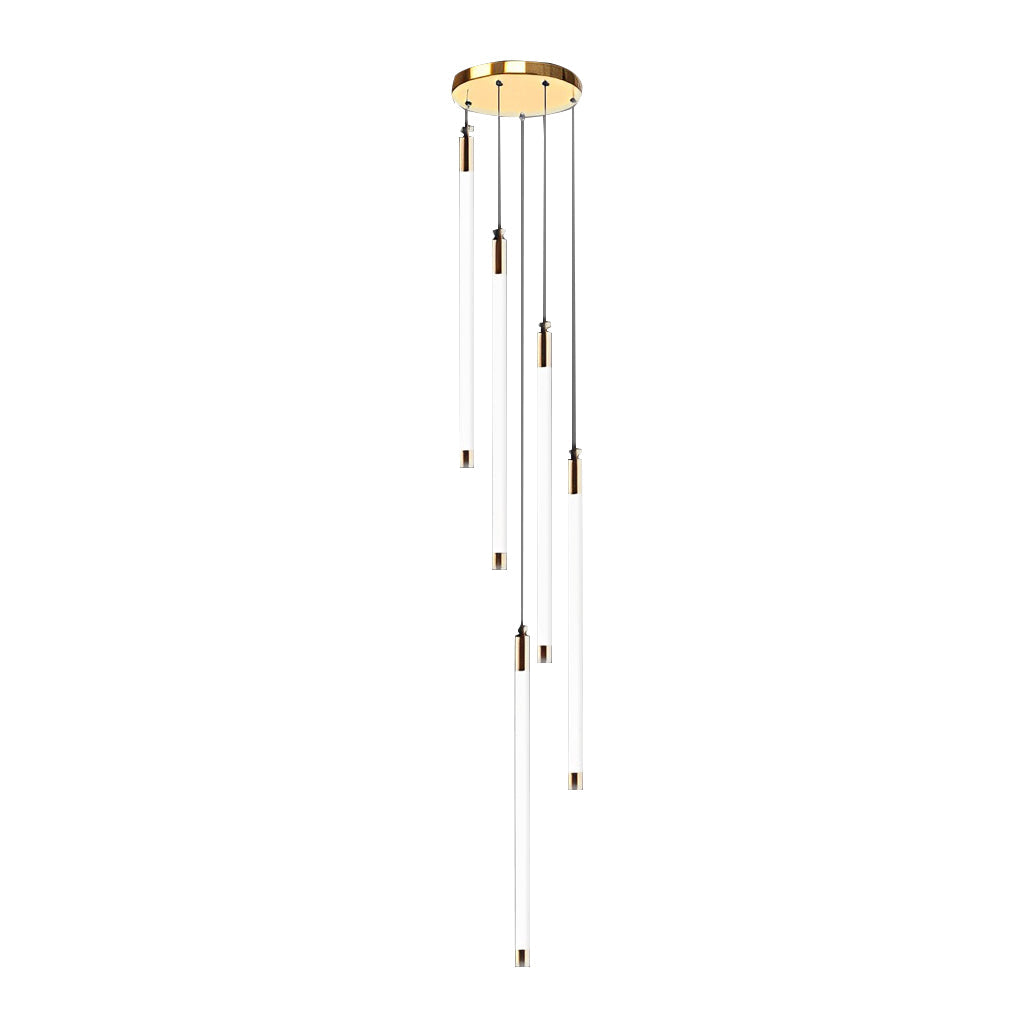 Contemporary staircase chandelier with vertical lights, displayed against a white background.