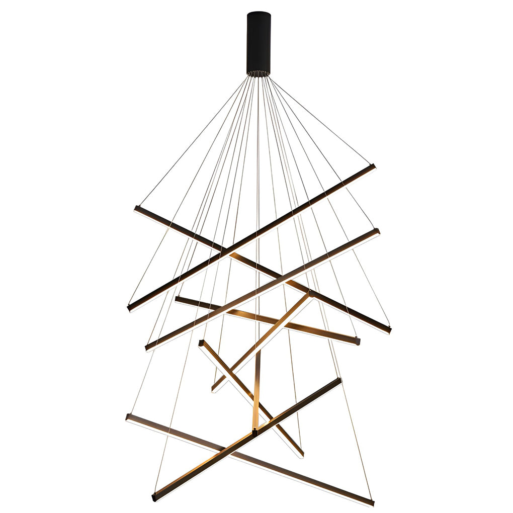 Dimension diagram of Criss linear chandelier showing various sizes for installation reference and planning.