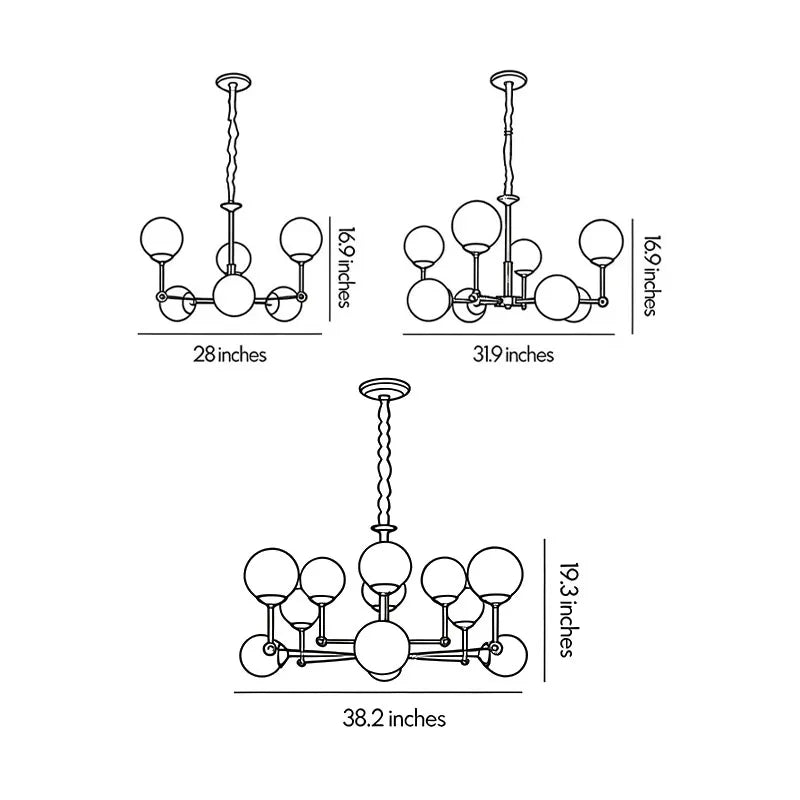 Glass ball chandelier modern dimensions drawing showing three size options with fixture width and height measurements.