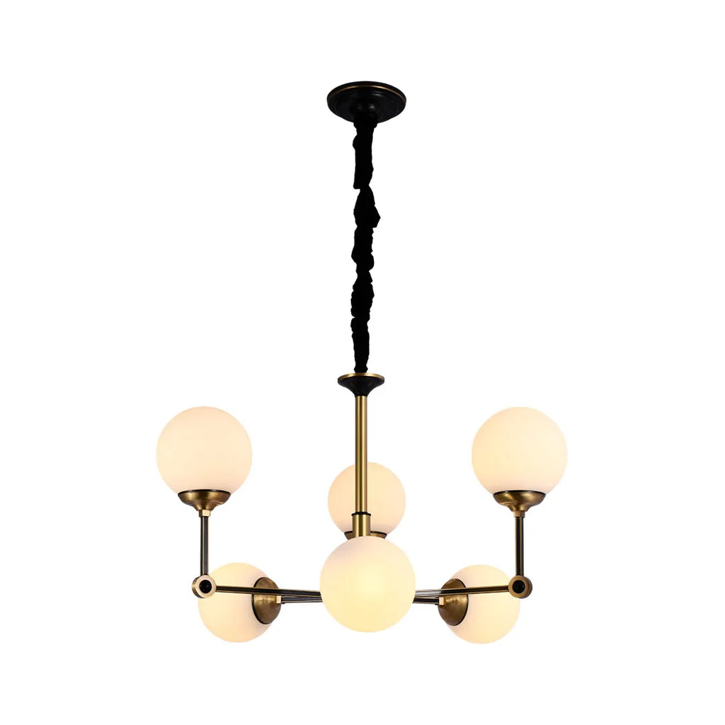 Glass ball chandelier modern with multiple frosted globe lights displayed on a white background.