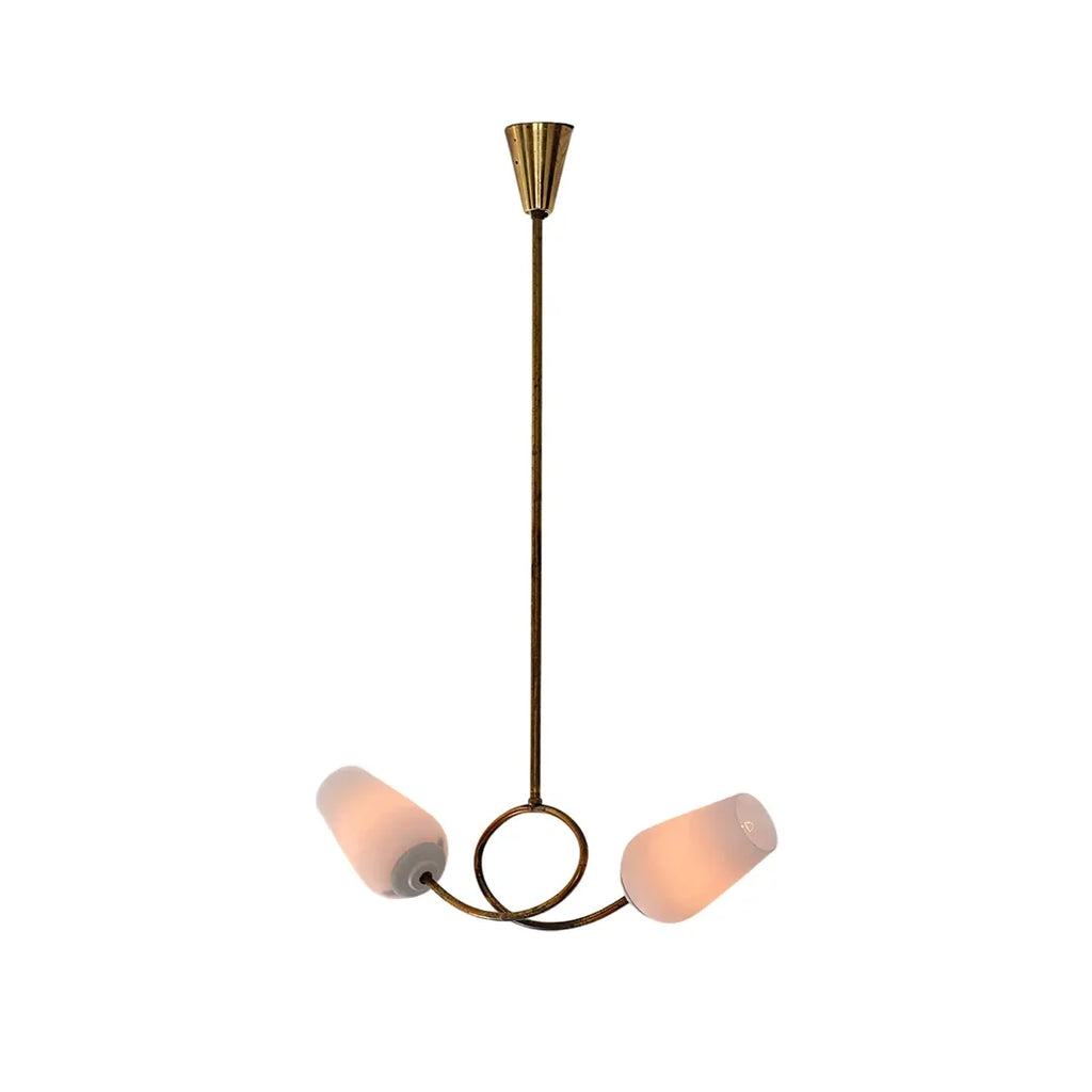 Glass vintage chandelier full product image showing two pink glass shades and a circular brass detail.