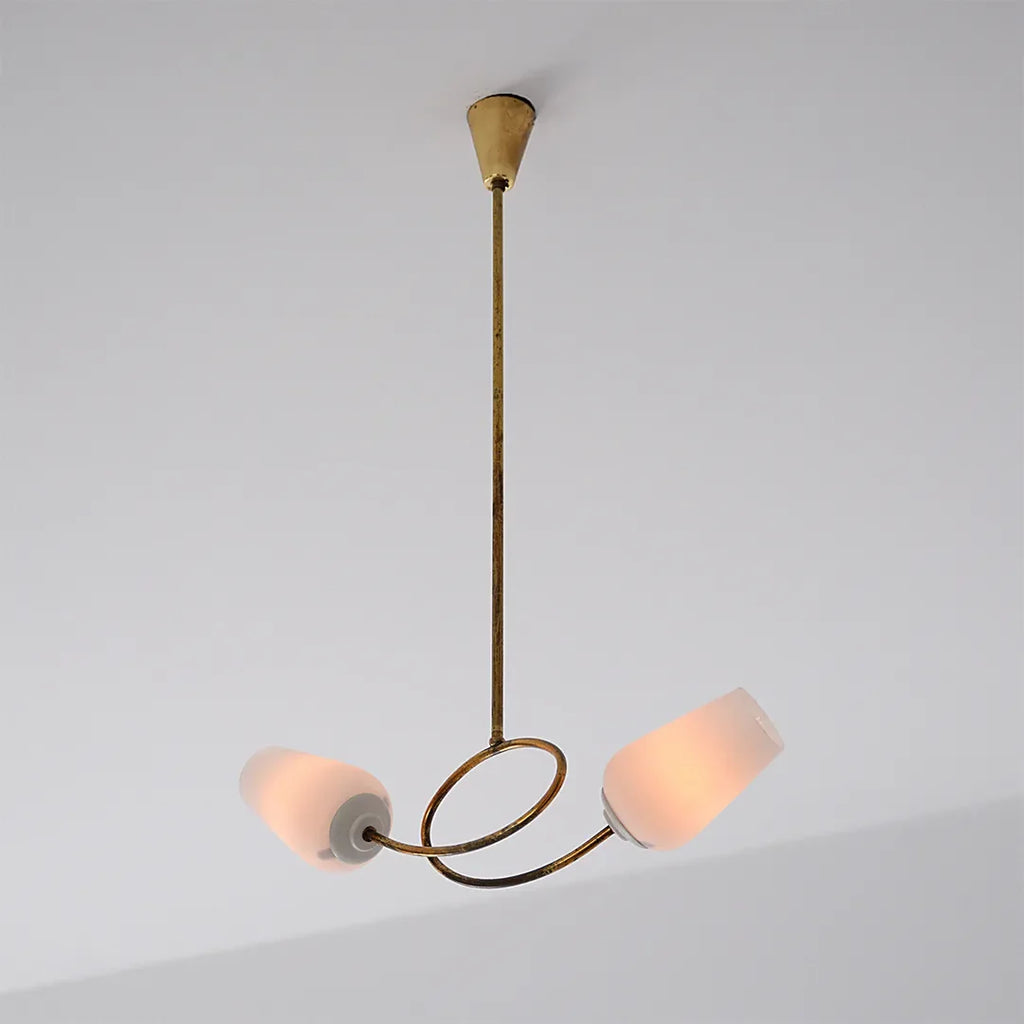 Glass vintage chandelier product image showing two pink glass shades and a sculptural ring frame.