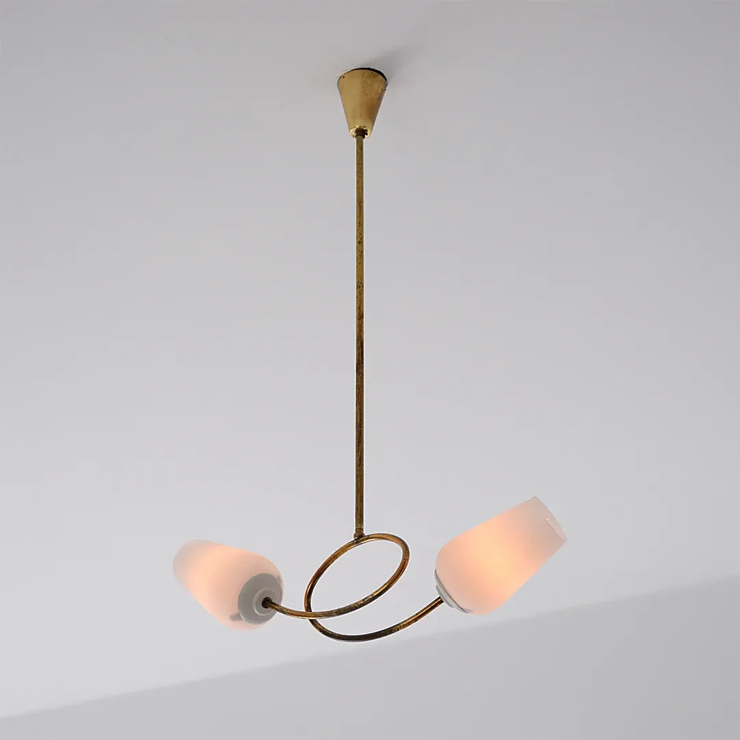 Glass vintage chandelier product image showing two pink glass shades and a sculptural ring frame.