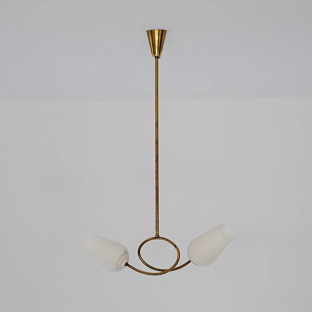 Glass vintage chandelier product image showing two white glass shades and a brass hanging frame.