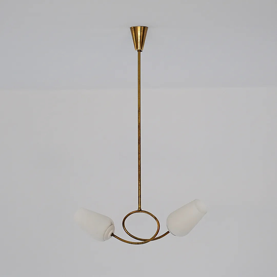 Glass vintage chandelier product image showing two white glass shades and a brass hanging frame.