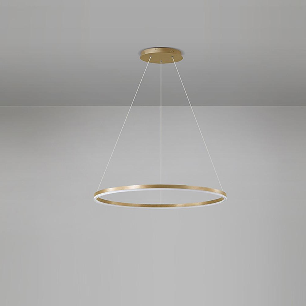 Gold LED ring chandelier isolated on gray background emphasizing elegant circular frame.