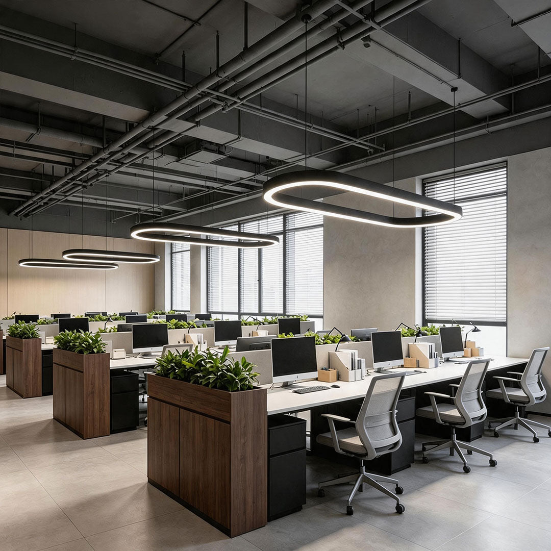 Large oval chandelier illuminating an open-plan modern office workspace.