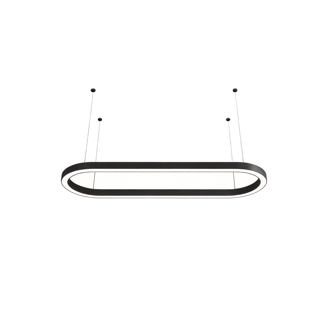 Minimal black oval chandelier isolated on white background for product display.