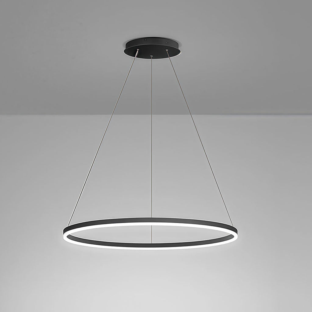 Minimalist black LED ring chandelier fixture with cool white light on a grey studio background.