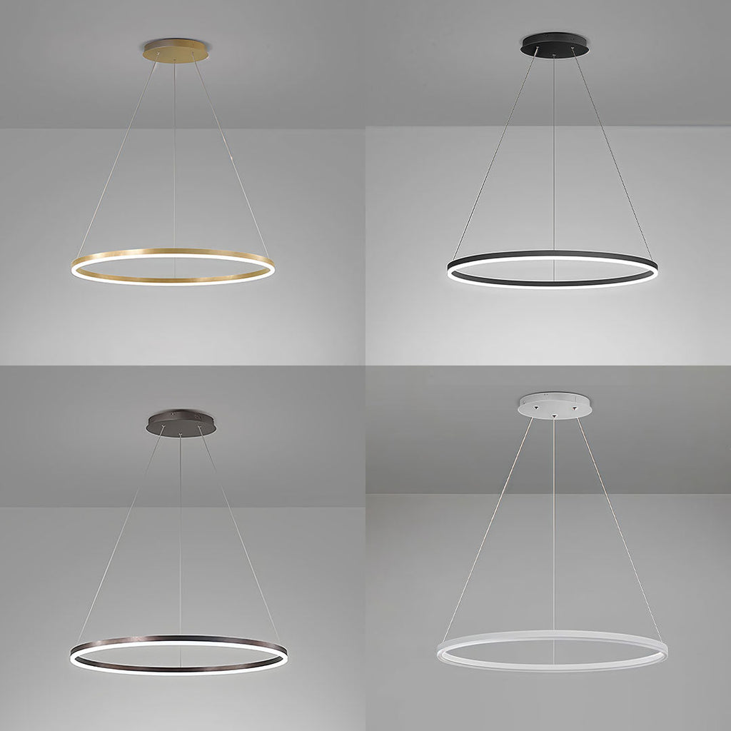 Modern LED ring chandelier colors displayed in a grey room for contemporary interior design ok.