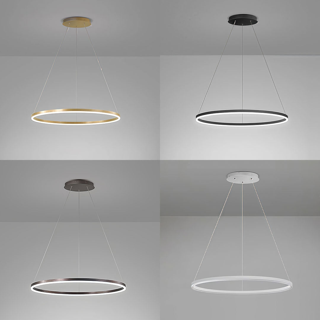 Modern LED ring chandelier colors displayed in a grey room for contemporary interior design ok.