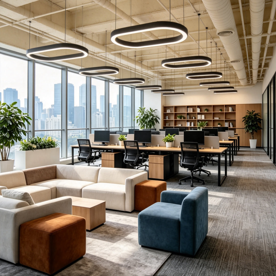 Modern oval chandelier installed in a bright commercial office environment.