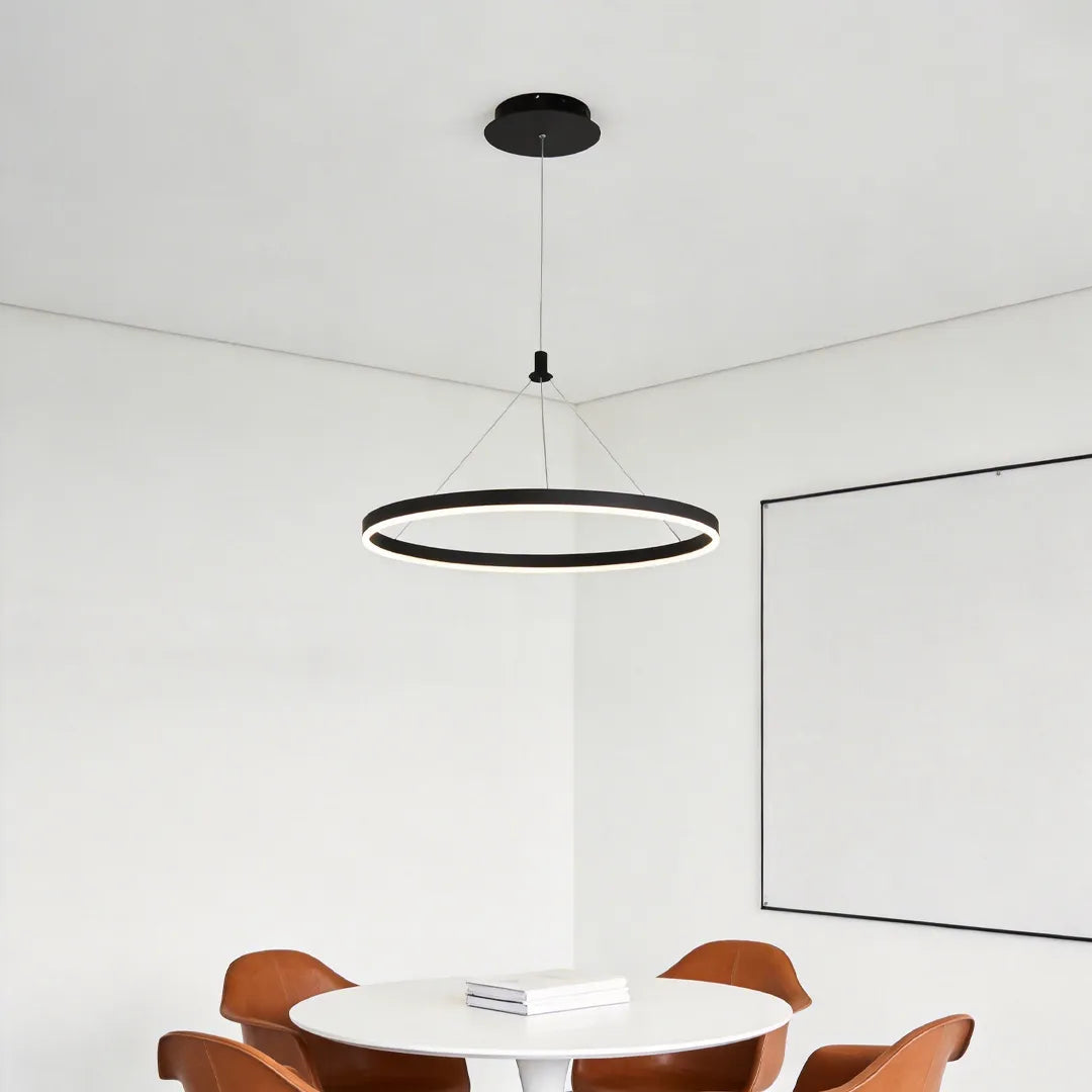 Ring metal chandelier suspended above a round dining table in a clean modern dining space with white walls.