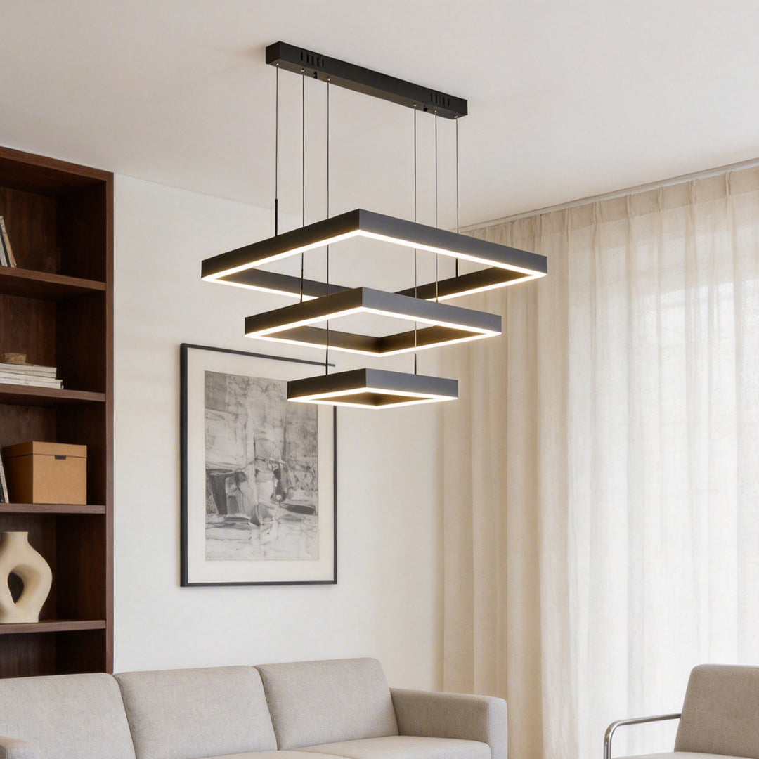 Ring square chandelier enhancing a contemporary living room with elegant directional light.
