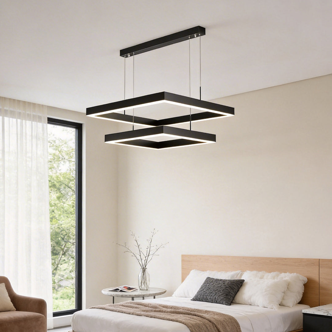 Ring square chandelier illuminating a modern bedroom with warm ambient glow.