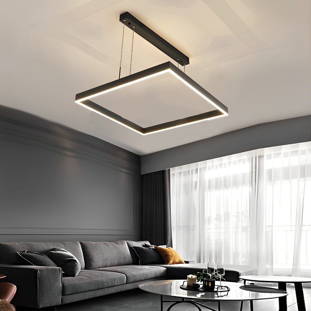 Ring square chandelier enhancing a modern sofa area with warm light.