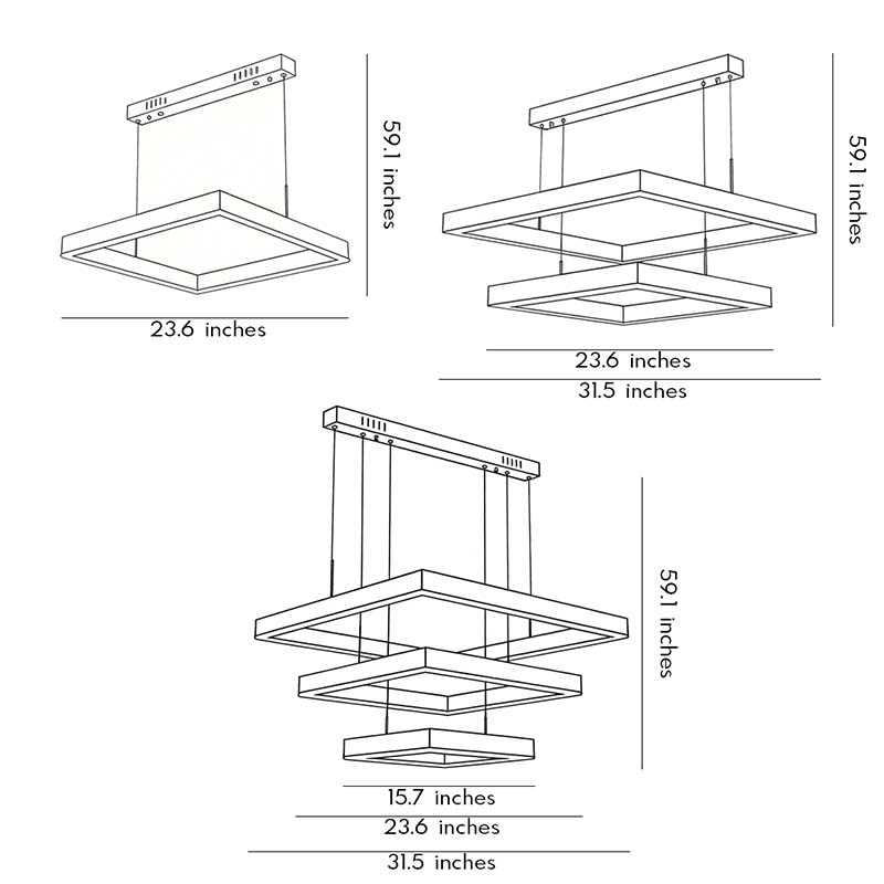 Technical diagram showing dimensions and structure of ring square chandelier models.