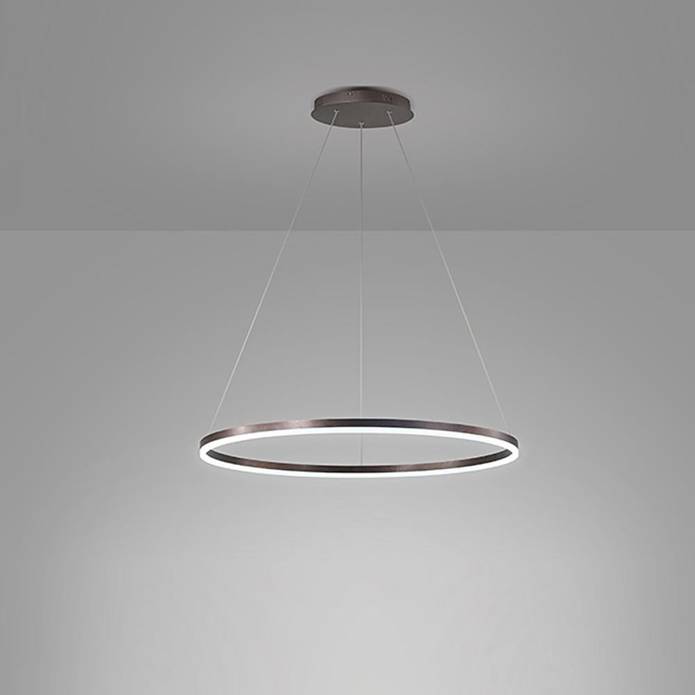 Rose gold LED ring chandelier shown on gray background with thin suspension wires.