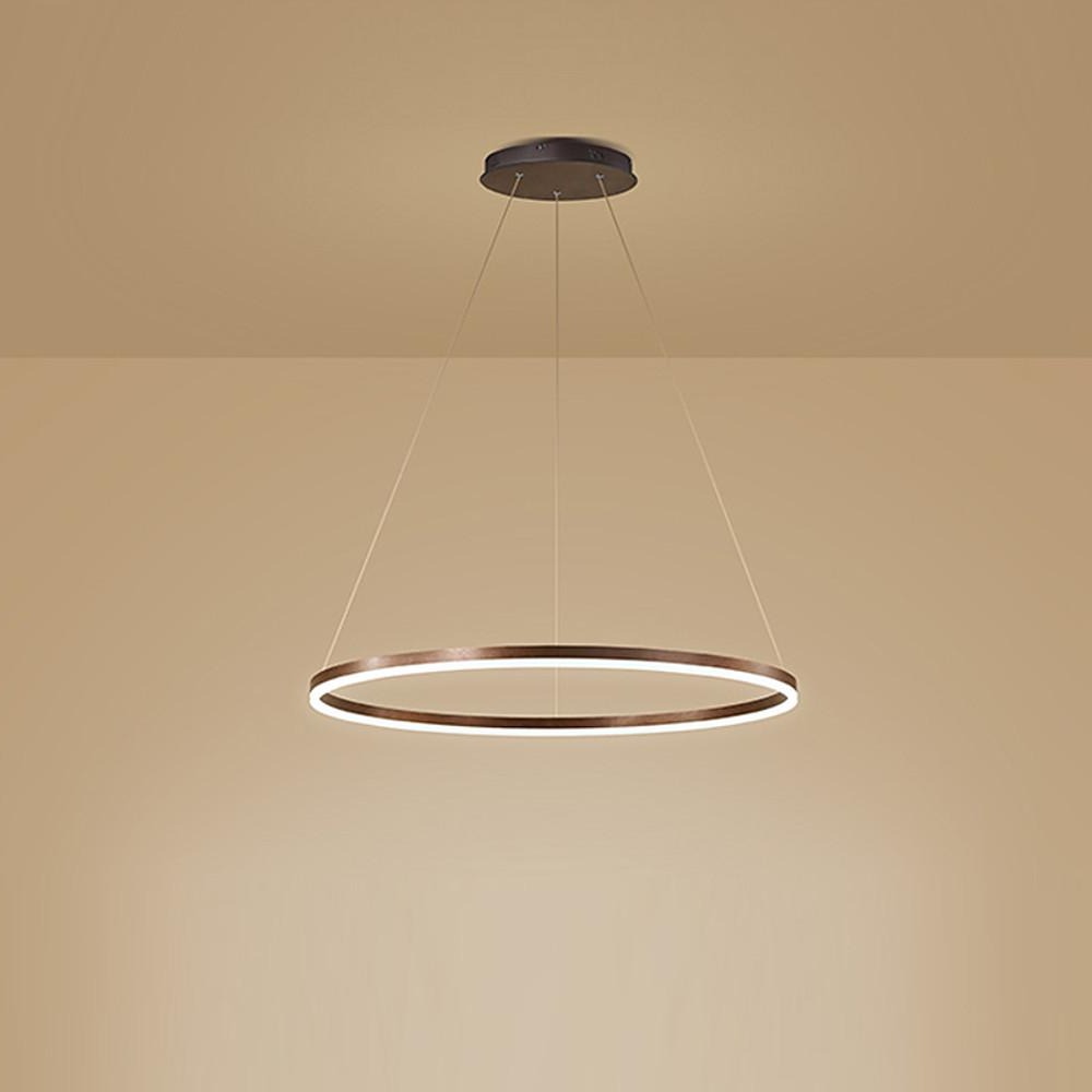 Rose LED ring chandelier isolated on a neutral yellow background showing modern profile.