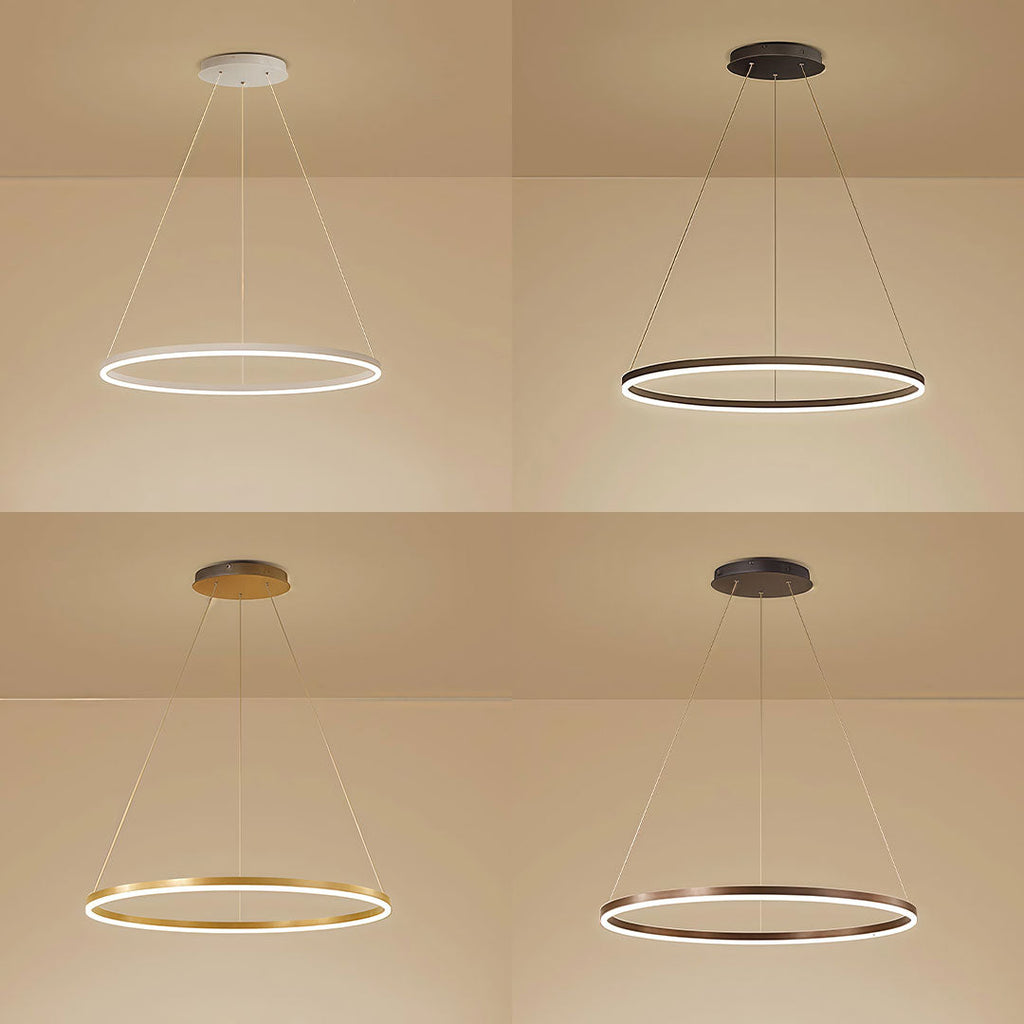 Various color options for LED ring chandeliers including white, black, gold and coffee finishes.