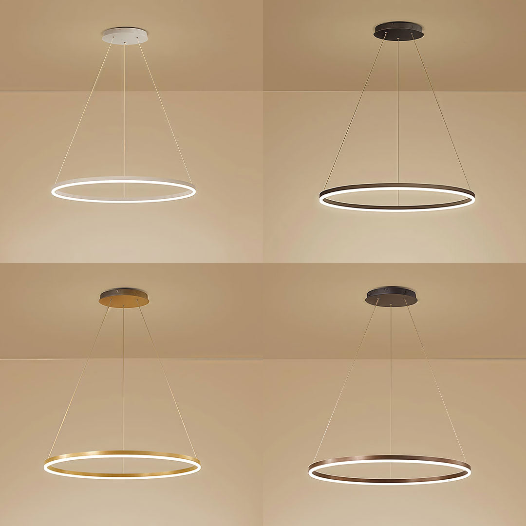 Various color options for LED ring chandeliers including white, black, gold and coffee finishes.