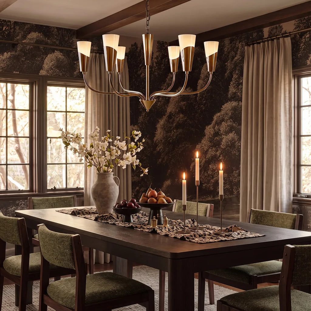 Vintage Italian chandelier illuminating an elegant dining room with dark walls and classic furnishings.