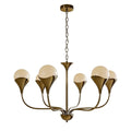Vintage Italian chandelier with curved brass arms and six frosted globe shades.